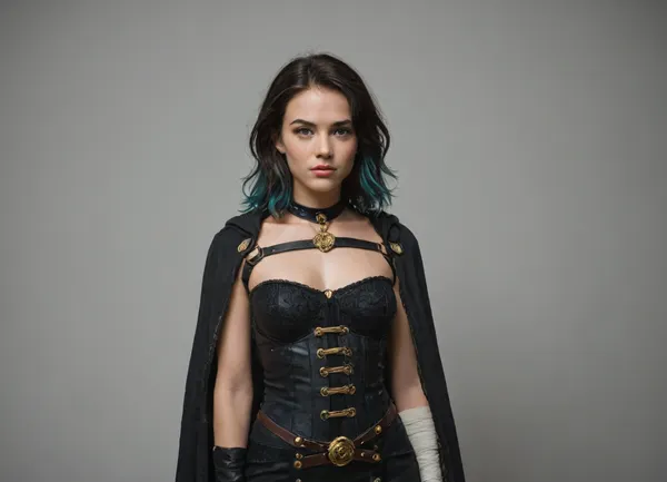 This young woman has a dark, elegant, expedition-mage look, practical but stylish, with black clothing, gold trim, magical details, and a slightly wild, melancholic face.

She appears as a young adult woman with a slim/athletic build and a serious, focused expression. Her face is soft but intense, pale-to-light warm skin, a straight nose, full but natural lips, and dark, tired-looking eyes. She has a calm, almost haunted gaze rather than a bright heroic smile.

Her hair is one of the most important details, short-to-medium black hair, roughly shoulder-length, very messy and layered, with loose waves. It frames her face heavily, with strands falling around her cheeks and forehead. In some art, the hair has subtle blue-gray highlights, giving it a cold, moonlit shine.

Her outfit is mostly black, charcoal, white, and gold. She wears a fitted, tailored top that looks like a mix between a vest, military uniform, and fantasy scholar outfit. The torso is dark, buttoned, and close-fitting, with a white high-collar shirt or neck panel underneath. Around the collar and lapels there is gold/yellow trim, giving her a refined Belle Époque / steampunk fantasy feel.

Over this she has an asymmetrical long black coat or cloak, open in the front, longer in the back and sides. The coat has structured shoulders and decorative gold linework, including geometric patterns. Her pants are fitted and dark, cropped below the knee or tight around the lower legs, with layered straps and fabric bands. She is often shown barefoot, which gives her a more mystical, grounded, ritualistic look rather than a normal soldier look.

Her arms are asymmetrical, one arm may have a black glove or sleeve, while the other is more exposed with golden wraps, markings, or bandages around the upper arm/forearm. She has small accessories like a pendant necklace, belts, straps, a pouch, and subtle metallic details. Her magic is usually represented with blue-white glow, mist, sparks, or elemental energy around her hands.

A good “dummy prompt” version, Young adult female fantasy mage, slim athletic build, pale warm skin, serious melancholic expression, dark eyes, messy shoulder-length wavy black hair with blue-gray highlights, hair framing the face. Wearing a fitted black charcoal tailored vest over a white high-collar shirt, gold trim on lapels and collar, asymmetrical long black expedition coat/cloak with structured shoulders and geometric gold line patterns, dark fitted cropped pants with straps and fabric bands, barefoot, one black glove/sleeve, one arm exposed with golden wraps and magical markings, pendant necklace, belts and pouches, elegant dark Belle Époque steampunk fantasy adventurer style, blue-white elemental magic glowing around her hands, painterly realistic video game concept art.