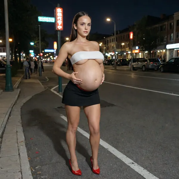(1 32-year-old c-cup chest petite black hair with bangs, pregnant hooker, pouting mouth, (square face, low forehead, wider than average jaw, tanned face, slight blush), wearing a white tube top, black mini skirt, red panties, red high heel shoes), (hooker leaning against a street light at night), "xxx" neon sign, red light district, hookers in background, cheap hotels on street, gorgeous face, pretty face, detailed face, brown eyes, open mouth, petite gorgeous, DonMN1gh7XL, <lora:DonMN1gh7rXL-000006:.8>, oncvnz, <lora:oncvnz:.8>