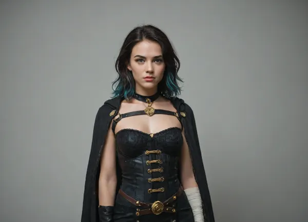 This young woman has a dark, elegant, expedition-mage look, practical but stylish, with black clothing, gold trim, magical details, and a slightly wild, melancholic face.

She appears as a young adult woman with a slim/athletic build and a serious, focused expression. Her face is soft but intense, pale-to-light warm skin, a straight nose, full but natural lips, and dark, tired-looking eyes. She has a calm, almost haunted gaze rather than a bright heroic smile.

Her hair is one of the most important details, short-to-medium black hair, roughly shoulder-length, very messy and layered, with loose waves. It frames her face heavily, with strands falling around her cheeks and forehead. In some art, the hair has subtle blue-gray highlights, giving it a cold, moonlit shine.

Her outfit is mostly black, charcoal, white, and gold. She wears a fitted, tailored top that looks like a mix between a vest, military uniform, and fantasy scholar outfit. The torso is dark, buttoned, and close-fitting, with a white high-collar shirt or neck panel underneath. Around the collar and lapels there is gold/yellow trim, giving her a refined Belle Époque / steampunk fantasy feel.

Over this she has an asymmetrical long black coat or cloak, open in the front, longer in the back and sides. The coat has structured shoulders and decorative gold linework, including geometric patterns. Her pants are fitted and dark, cropped below the knee or tight around the lower legs, with layered straps and fabric bands. She is often shown barefoot, which gives her a more mystical, grounded, ritualistic look rather than a normal soldier look.

Her arms are asymmetrical, one arm may have a black glove or sleeve, while the other is more exposed with golden wraps, markings, or bandages around the upper arm/forearm. She has small accessories like a pendant necklace, belts, straps, a pouch, and subtle metallic details. Her magic is usually represented with blue-white glow, mist, sparks, or elemental energy around her hands.

A good “dummy prompt” version, Young adult female fantasy mage, slim athletic build, pale warm skin, serious melancholic expression, dark eyes, messy shoulder-length wavy black hair with blue-gray highlights, hair framing the face. Wearing a fitted black charcoal tailored vest over a white high-collar shirt, gold trim on lapels and collar, asymmetrical long black expedition coat/cloak with structured shoulders and geometric gold line patterns, dark fitted cropped pants with straps and fabric bands, barefoot, one black glove/sleeve, one arm exposed with golden wraps and magical markings, pendant necklace, belts and pouches, elegant dark Belle Époque steampunk fantasy adventurer style, blue-white elemental magic glowing around her hands, painterly realistic video game concept art.