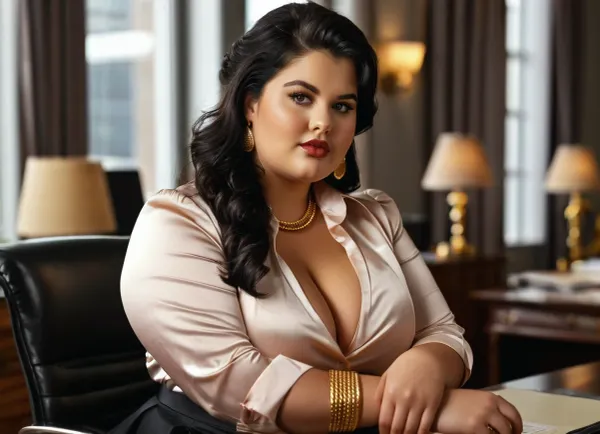 (Close-up, Portrait), office, 21 years old, black hair, obese figure, skirt, chubby detailed face, satin business shirt, gold bangles, ((busty)), mesmerizing eyes, amused arrogant face expression, dominant, femdom, wide cheekbones, perfectly styled hair, fat strong arms, chubby model face, lipgloss, elegant soft hands, lavish expensive office, classy, plumper, sitting in chair, photo-realistic, <lora:MJ52:.8>