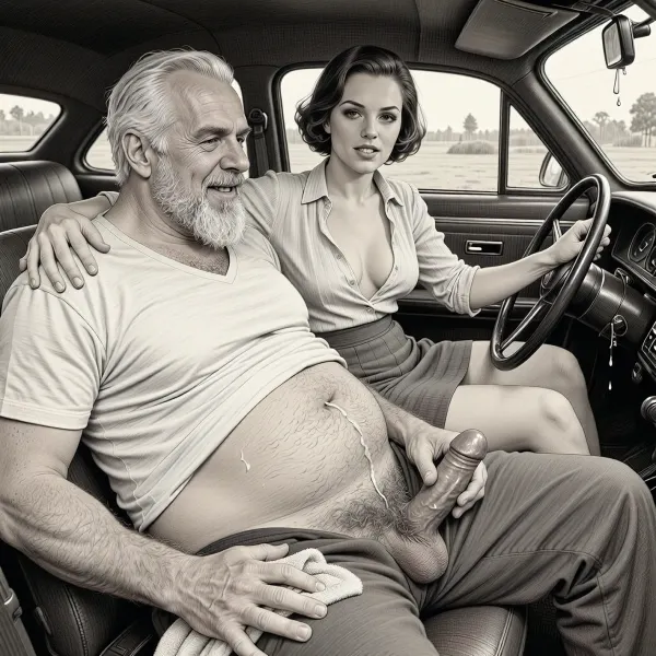 This is a detailed monochromatic pencil drawing in a classical illustrative style depicts a scene set 1950s, (obese bearded white haired older dilf in passenger seat receiving handjob by milf woman in driver seat), POV, lustful smile, focused on hairy scrotum, milf woman in driver seat is helping dilf cum, precum, dripping cocks, (((beautiful short brown hair milf, madam with hourglass figure, she is wearing in an open blouse and a skirt, (wide hips), in driver seat jerks-off his cock))), (the man puts one arm around the woman's shoulders), undersides of penis, hairy nutsack hand towel, dimly lit, tiny penis, sitting in car, fat and skinny, receiving handjob, v neck t shirt pulled up above big hairy belly, ((pubic hair:1.7)), sweatpants pulled down, masturbation, hairy scrotum. The overall mood is intense, rendered in fine, expressive line work and subtle shading, evoking the style of 1950s satirical or moralistic illustrations.