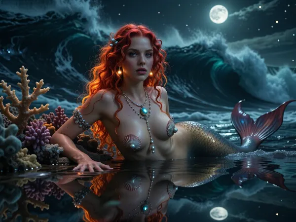 Close-ups and full-length medium shots. A striking and stunning mermaid with fiery neon-orange and red, curly, wet hair, clinging to a coral reef. The scene is set in the very heart of a stormy, turbulent ocean with gigantic, towering dark waves. The scene is lit only by the shining moon and faint stars, creating a perfect mirror image of the mermaid on the smooth surface of the receding sea. She is adorned with bioluminescent pearl and shell accessories, the lighting is highly cinematic and dramatic, with mood, high contrast, and a mystical, mesmerising atmosphere — 8K, (surreal digital illustration), .