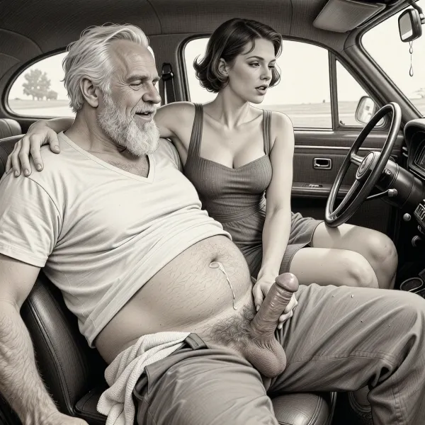 This is a detailed monochromatic pencil drawing in a classical illustrative style depicts a scene set 1950s, (obese bearded white haired older dilf in passenger seat receiving handjob by milf woman in driver seat), POV, lustful smile, focused on hairy scrotum, milf woman in driver seat is helping dilf cum, precum, dripping cocks, (((beautiful short brown hair milf, madam with hourglass figure, she is wearing in dress, (wide hips), in driver seat jerks-off his cock))), (the man puts one arm around the woman's shoulders), undersides of penis, hairy nutsack hand towel, dimly lit, tiny penis, sitting in car, fat and skinny, receiving handjob, v neck t shirt pulled up above big hairy belly, ((pubic hair:1.7)), sweatpants pulled down, masturbation, hairy scrotum. The overall mood is intense, rendered in fine, expressive line work and subtle shading, evoking the style of 1950s satirical or moralistic illustrations.
