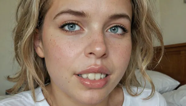 close up of face, 21-year-old petite, a-cup, messy blonde hair, girl, (extremely wide jaw, very high cheek bones. very wide mouth, very round dutch face, wide jowl, flushed cheeks:1.3), wearing t-shirt and shorts, sitting on a bed in her frilly bedroom., 4ng3l, face, <lora:SDXL_BetterFaces-LoRA_v1:.8>