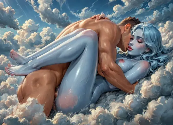 ((flawless anatomy and positioning)), reiq style, a very slim, sexy woman with pale blue skin is floating on a cloud., (((light blue skin, she is made from clouds))), (cloud body with swirls and marbling), (she is made out of fog), ((She is on her back. She is hugging her knees to her chest.)), ((swirly cloud cocks in pussy and ass. A cloud.man is fucking her)), (position on her back), her long white hair is floating around her head. She is made out of clouds and air. score, score_7_up, score_6_up, 4ng3l, face, <lora:detailed_notrigger:2>, <lora:LCMTurboMix_Euler_A_fix:1>, <lora:SDXL_BetterFaces-LoRA_v1:1.6>, <lora:add-detail-xl:.8>, <lora:HandFineTuning_XL:1.9>