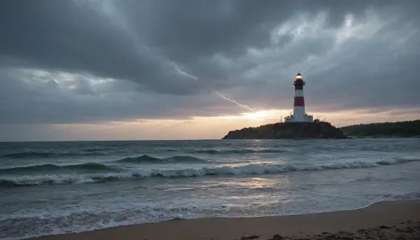 ((a 16th-century lighthouse a storm)), ocean, storm, tempest, lightning, powerful waves, foaming waves, on the sea, outdoors, photography