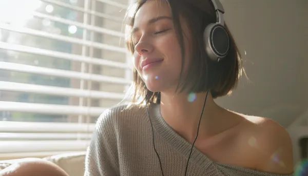 cute woman, short hair, relaxed casual pose, soft contented smile, eyes closed, living room, window, window blinds, dramatic light, depth of field, bokeh, dynamic angle, listening to music, headphones, focus on blissful and contended face, (hair glow lighting, hdr lens flare, crepuscular lighting through window, light motes), (tight closeup portrait, face bathed in sunlight:1.4), (layered composition with defined foreground and background, shallow depth of field, soft warm surreal lighting), (girl-next-door beauty with natural charm), (comfortable casual attire, loose off the shoulder sweater)