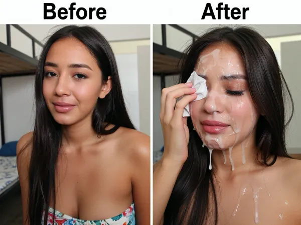 side-by-side two pictures of the same young beautiful amazing asian thai 27yo, instagram makeup, woman, tanned skin, with long straight dark hair, medium natural tits, one picture before the bukkake party and second picture after the bukkake Party. before the party she looks shy and happy with a beautiful summer dress and natural pretty face, after ther bukkake party on the second picture her face is completely covered in cum, an excessive amount of cum is on her face and in her mouth, cum is dripping down on her chest, her fake lashes are hanging down, she is cleaning her eyes with a small tissue, her hair is messy, she is looking disgusted and sad, she is crying, her face is completely destroyed. Please make an extreme contrast from first picture to second picture. the woman has to be the same very hot woman on both pictures. Background for both pictures, a dirt dorm room
A caption on the top is written on the first picture 'Before'.
A caption on the top is written on the first picture 'After'.