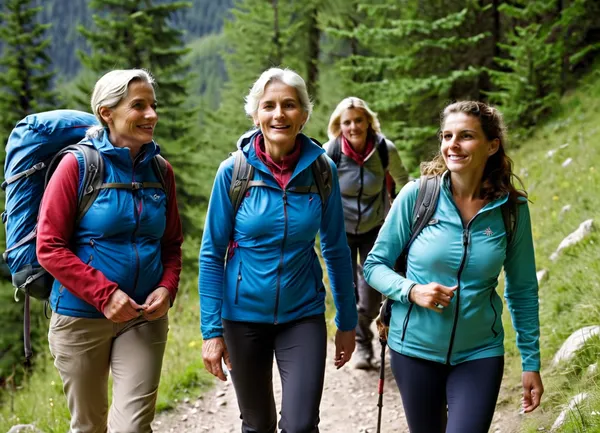 full-length view, 3 women, The picture shows Hungarian women, similar relatives, (a 40-year-old mother), (a 65-year-old grandmother), (an 18-year-old young woman), hiking, smiling, wearing hiking clothes.