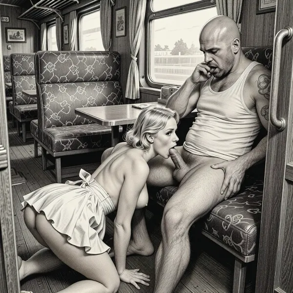This is a detailed monochromatic pencil drawing in a classical illustrative style depicts a scene set in1950s /USSR, (((1950 pinup style))), dirty reserved seat of a long-distance train carriage, a very beautiful blonde hair in pin-up style MILF, she is dressed in a swinger dress, 1950s dress, The hem of her dress is up, She's Standing on all fours on the floor of the carriage compartment and sucking a dick from a sucks on a seated man next to her a fat unshaven bald lustful man in only a sloppy tank top, (((a woman's head near a man's groin))), ass up, female orgasm, He's mocking her, hardcore deep blowjob, deepthroating oral sex, cheating, his hand on her head, her tits are shaking in time with the movements of his pelvis, driving his cock into her mouth, (cuckold sex scene:1.5), messy Bob cut, Ad, Russia, Style, vintage, advertisement, retro, 1950's . The overall style is a black and white pencil drawing, capturing a candid moment. The scene has a formal, organized atmosphere. The overall mood is intense, rendered in fine, expressive line work and subtle shading, evoking the style of 1950s satirical or moralistic illustrations.