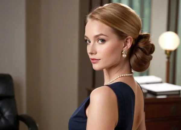 photo-realistic, (1girl), blond, Beautiful 19-year-old petite, 34-22-34 body measurements, 5 feet 6 inches tall, small breasts, wide eyes, feminine facial features, redhead, 23-year-old, 36-24-36 body measurements, 5 feet 8 inches tall, medium breasts, professional office hairstyles sleek low ponytail, low bun, half-up style, claw clip chignon, and soft waves. dressed in expensive office attire with stockings and heels, mini dresses, button blouse, pencil skirts. Masterpiece, cinematic lighting.