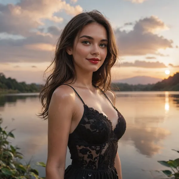 waist-high portrait, lush girl, long brown hair, red lips, seductive smile, (boobs:1), black lace dress, (shiny skin:1.5), (tanned body:1.3), lake, sky with clouds, sunset, ultradetalization