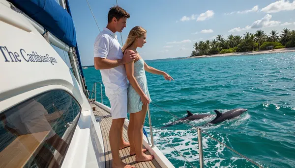 ((one yacht)), Rule of thirds. Cinematic, highly detailed, photorealistic film still of a moment of wonder aboard the 60ft Oyster 565 yacht, called "The Caribbean Queen", in tropical waters.
A bright tropical morning, the sky is blue with small white clouds, a light wind blows and The Caribbean Queen cuts through turquoise water, stirring up small waves and foam, with the heroine standing on the deck, wearing a knee-length light summer dress, hair blowing and sunlit by sea spray.
A tropical island is visible on the horizon and a pod of dolphins leaps near the Caribbean Queen's midsection, close to the hull, slightly below deck level, visible from her position.
She points downward and slightly forward toward the dolphins, her gaze following the line of her finger.
Her partner stands behind her in a loose short-sleeved white shirt and knee-length shorts, steadying her with a supportive hand on her shoulder.
Both gaze toward the dolphins, eyes open, clear line of sight.
Natural anatomy, balanced stance, realistic joint bending, proportional limbs, correct limb count, both arms clearly visible, no occlusion, no hidden limbs.
Dynamic composition, POV looking along the length of the yacht deck from the stern, landscape frame.
Warm sunlight creates sharp glossy highlights, soft shadows, and a golden glow across the skin.
The turquoise ocean sparkles and sunlight creates warm highlights and cinematic lens flares.
Ultra-sharp focus, crisp textures, natural skin tones, dynamic poses, shallow depth of field, high-speed action photography, 8K realism, vibrant summer atmosphere, candid movement.
single yacht, no other boats visible