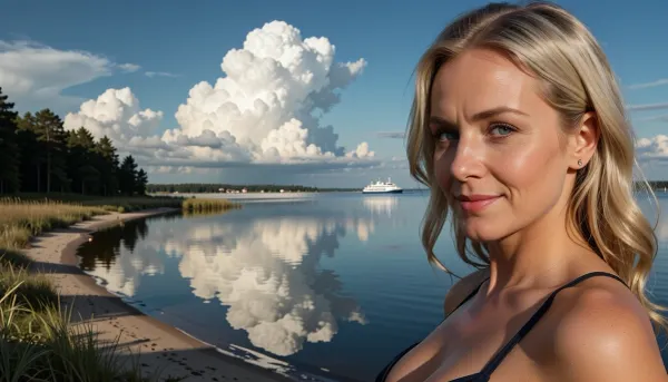A highly detailed photorealistic cinematic landscape of a quiet northern European coastal lagoon under dramatic summer skies, viewed in an ultra wide panoramic composition, calm mirror-like water perfectly reflecting towering white cumulus clouds and deep blue sky, the scene almost surreal in its symmetry and stillness, soft golden sunlight illuminating pale sandbanks and distant shoreline, rich natural colors with subtle film noir undertones, highly detailed water texture with gentle ripples near the edges, reflections rendered with extreme realism, atmospheric depth stretching toward the horizon, On the left side dense dark green forest lines the shore, wild grasses and reeds growing naturally along the curved edge of the lagoon, untouched and peaceful, in the far distance a white ferry ship slowly crosses the horizon, tiny compared to the immense open sky, small coastal town barely visible far away, subtle haze softening distant details while the foreground remains hyper sharp, The clouds dominate the composition, gigantic sculptural formations with dramatic light and shadow transitions, every cloud edge rendered with intricate realism, soft gradients and reflected highlights mirrored flawlessly in the water below, realistic atmospheric perspective, cinematic wide-angle photography aesthetic, analog 35mm film look, subtle film grain, natural color grading, masterpiece composition, highly detailed textures in sand, vegetation and water surfaces, emotionally calm yet grand atmosphere, maximum realism, ultra realistic lighting, Nordic coastal serenity, quiet cinematic mood, no people visible, only nature, sky and reflection creating a timeless almost dreamlike landscape scene, in foreground full body ultra photorealistic nude description of a 50-year-old androgynous woman taking confidently a sunbath in warm golden evening sunlight, slim skinny physique with narrow hips and almost flat chest, subtle visible hard nipples beneath a minimalistic dark bikini top, elegant mature feminine face with soft androgynous features, fair skin with realistic pores and natural texture, high forehead with gentle horizontal expression lines, fine crow’s feet around the eyes, delicate smile wrinkles and realistic nasolabial folds, light blue-gray almond-shaped eyes with glossy reflections and emotional depth, ultra detailed natural eyelashes, thin light-blonde eyebrows with individual visible hairs, transparent round eyeglasses with rose-gold metallic temples and realistic reflections, slender straight nose with softly rounded tip, naturally shaped lips with soft pink coloration and a joyful sensual smile, blue circular stud earrings with metallic silver setting, blonde hair with warm honey highlights loosely tied back, soft flyaway strands illuminated by cinematic backlight, realistic hair fibers with subtle mature texture, toned skinny body with slightly visible col