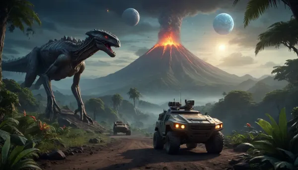 fullcolor image, 8K quality, night, alien planet, fantastic jungles, a volcano background, alien strange landscape, many fantastic animals, some planets satelite visible in sky, space cruiser hovering high over the landscape, an armored all-terrain vehicle drives through the jungle towards the volcano