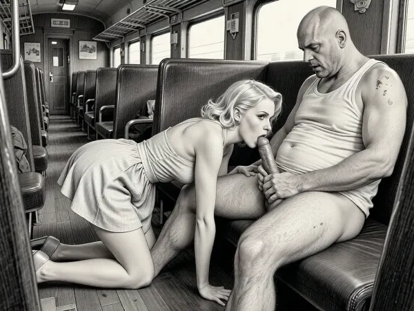 This is a detailed monochromatic pencil drawing in a classical illustrative style depicts a scene set in1950s /USSR, (((1950 pinup style))), dirty reserved seat of a long-distance train carriage, a very beautiful blonde hair in pin-up style MILF, she is dressed in a swinger dress, 1950s dress, The hem of her dress is up, She's Standing on all fours on the floor of the carriage compartment and sucking a dick from a sucks on a seated man next to her a fat unshaven bald lustful man in only a sloppy tank top, (((a woman's head near a man's groin))), ass up, female orgasm, He's mocking her, hardcore deep blowjob, deepthroating oral sex, cheating, his hand on her head, her tits are shaking in time with the movements of his pelvis, driving his cock into her mouth, (cuckold sex scene:1.5), messy Bob cut, Ad, Russia, Style, vintage, advertisement, retro, 1950's . The overall style is a black and white pencil drawing, capturing a candid moment. The scene has a formal, organized atmosphere. The overall mood is intense, rendered in fine, expressive line work and subtle shading, evoking the style of 1950s satirical or moralistic illustrations.