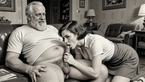 This is a detailed monochromatic pencil drawing in a classical illustrative style depicts a scene set blowjob in 1950s, (obese bearded white haired older dilf sitting on the couch in the living room of a Soviet apartment receiving blowjob by milf woman Kneeling in front of him), POV, lustful smile, focused on hairy scrotum, milf woman is helping older dilf cum, sucks the older dilf's cocks, (((beautiful short brown hair milf, madam with hourglass figure, she is wearing in an open blouse and a skirt, (wide hips)))), ((the woman tilted her head to older man's groin)), (((the woman looks at the camera))), (the man one hand on woman's head), her skirt lift, ass up, undersides of penis, ((a woman sucks of a man's penis)), dimly lit, tiny penis, sitting on the couch in the living room of a Soviet apartment, fat and skinny, v neck t shirt pulled up above big hairy belly, ((pubic hair:1.7)), ((scene deepthroating:1.5)), ((cock deep in a woman's mouth:1.5)), cum on woman's lips, hairy scrotum. The overall mood is intense, rendered in fine, expressive line work and subtle shading, evoking the style of 1950s satirical or moralistic illustrations.