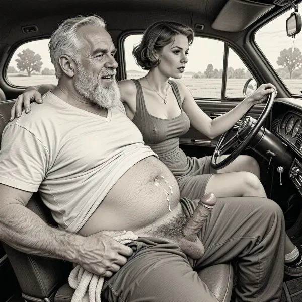 This is a detailed monochromatic pencil drawing in a classical illustrative style depicts a scene set 1950s, (obese bearded white haired older dilf in passenger seat receiving handjob by milf woman in driver seat), POV, lustful smile, focused on hairy scrotum, milf woman in driver seat is helping dilf cum, precum, dripping cocks, (((beautiful short brown hair milf, madam with hourglass figure, she is wearing in dress, (wide hips), in driver seat jerks-off his cock))), (the man puts one arm around the woman's shoulders), undersides of penis, hairy nutsack hand towel, dimly lit, tiny penis, sitting in car, fat and skinny, receiving handjob, v neck t shirt pulled up above big hairy belly, ((pubic hair:1.7)), sweatpants pulled down, masturbation, hairy scrotum. The overall mood is intense, rendered in fine, expressive line work and subtle shading, evoking the style of 1950s satirical or moralistic illustrations.