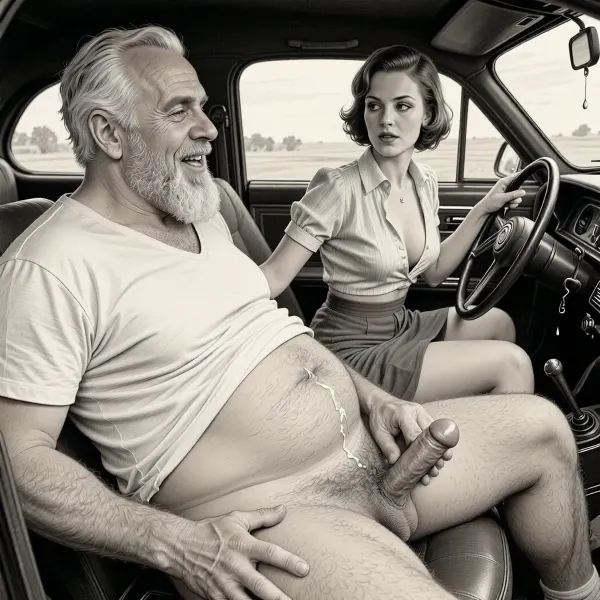 This is a detailed monochromatic pencil drawing in a classical illustrative style depicts a scene set 1950s, (obese bearded white haired older dilf in passenger seat receiving handjob by milf woman in driver seat), POV, lustful smile, focused on hairy scrotum, milf woman in driver seat is helping older dilf cum, precum, dripping older dilf's cocks, (((beautiful short brown hair milf, madam with hourglass figure, she is wearing in an open blouse and a skirt, (wide hips)))), (the man one hand grops woman's hip), undersides of penis, ((a woman looks at a man's penis)), dimly lit, tiny penis, sitting in car, fat and skinny, receiving handjob, v neck t shirt pulled up above big hairy belly, ((pubic hair:1.7)), cum on woman's lips, sweatpants pulled down, masturbation, hairy scrotum. The overall mood is intense, rendered in fine, expressive line work and subtle shading, evoking the style of 1950s satirical or moralistic illustrations.