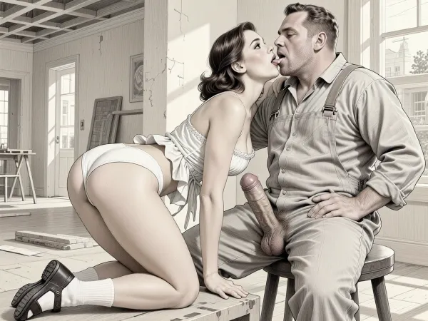 This is is a detailed monochromatic pencil drawing in a classical illustrative style depicts a scene set Beautiful sexy brown elegant hairstyle mother Standing on all fours in a room of a building under construction, wearing in summer dress, in white underpants, socks and sandals, (her white panties are visible), fully clothed very ugly lustful fat construction worker in the coverall is sitting on on a stool, mother deepthroating his cock, hairy scrotum, man's hand on her head, looking up, cum in mouth, seductive face, The overall mood is intense, rendered in fine, expressive line work and subtle shading, evoking the style of 1950s satirical or moralistic illustrations.