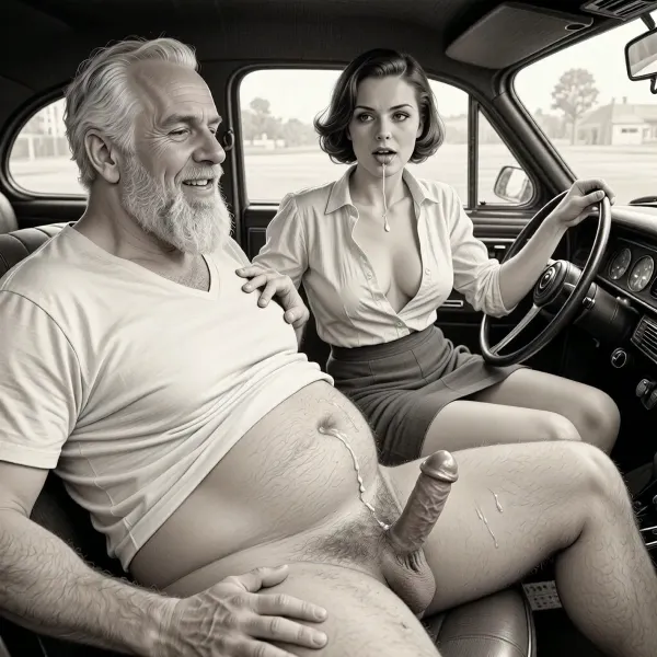 This is a detailed monochromatic pencil drawing in a classical illustrative style depicts a scene set after blowjob in 1950s, (obese bearded white haired older dilf in passenger seat receiving handjob by milf woman in driver seat), POV, lustful smile, focused on hairy scrotum, milf woman in driver seat is helping older dilf cum, precum, dripping older dilf's cocks, (((beautiful short brown hair milf, madam with hourglass figure, she is wearing in an open blouse and a skirt, (wide hips)))), (the man one hand grops woman's hip), undersides of penis, ((a woman looks at a man's penis)), dimly lit, tiny penis, sitting in car, fat and skinny, receiving handjob, v neck t shirt pulled up above big hairy belly, ((pubic hair:1.7)), ((scene after blowjob:1.5)), cum on woman's lips, sweatpants pulled down, masturbation, hairy scrotum. The overall mood is intense, rendered in fine, expressive line work and subtle shading, evoking the style of 1950s satirical or moralistic illustrations.