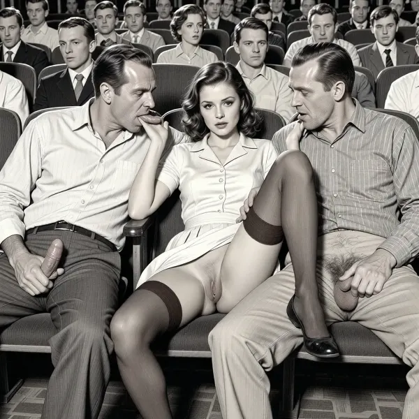 This is a detailed monochromatic pencil drawing in a classical illustrative style depicts a scene set in in the movie theater in the 1950s.2 old men and 1woman are сидят на сиденьях кинотеатра with the girl in the middle, woman is wearing a 1950s dress and Her dress is slightly pulled up, she is wearing brown stockings but no panties, no shoes. her genitals are slightly visible, Her knees are spread. both old men are casually dressed with open trousers and errected dicks, with brown hair, men are looking sexually aroused and lustful, a woman leaning heavily towards the groin of one of their old men sucks his cock, the second old man roughly touches her hairy genitals, candid amateur picture, man is fully visible, men are looking into camera, The cinema is full of people . The overall style is a black and white pencil drawing, capturing a candid moment. The scene has a formal, organized atmosphere. The overall mood is intense, rendered in fine, expressive line work and subtle shading, evoking the style of 1950s satirical or moralistic illustrations.