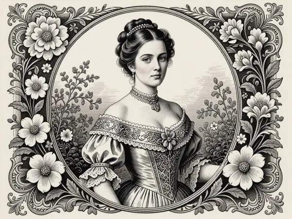 A retro-style black-and-white engraving depicting a beautiful Victorian lady in an ornate gown and with an elegant 19th-century hairstyle, surrounded by floral motifs and set in a vintage engraved frame, a black-and-white engraving in the style of an antique monochrome engraving, executed with a masterful line, (engraving style), .