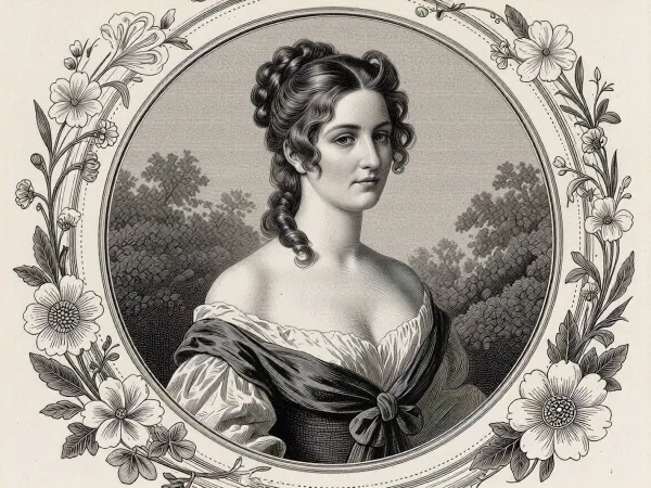 A retro-style black-and-white engraving depicting a beautiful English lady from the early 19th century wearing a dress from the 1820s–30s and sporting an elegant early 19th-century hairstyle, surrounded by floral motifs and set in a vintage engraved frame, a black-and-white engraving in the style of an antique monochrome engraving, executed with a masterful line, (engraving style), .