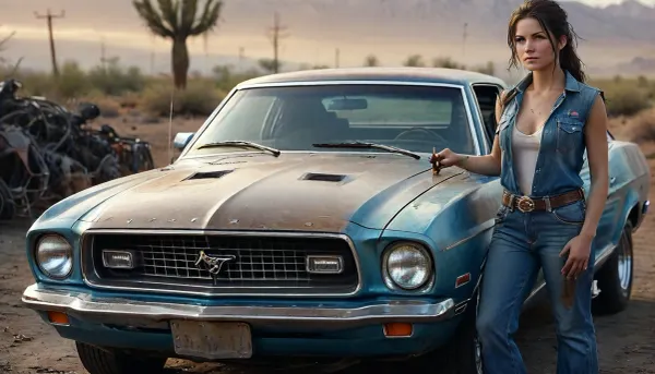 Create a photorealistic scene set in the Arizona desert during the 1970s. A breathtaking female auto mechanic, drenched in sweat and covered in grease, stands in front of a brown classic, (Mustang Gen 2 from 1974:1.3), with its hood open. Her blue overalls are partially unbuttoned, revealing glimpses of skin, and her hands and face are smudged with oil. The intense desert heat creates a hazy, dusty atmosphere, adding a gritty, authentic vibe. She holds tools in one hand, focused and skilled, while the sun sets in the background, casting a warm glow. The entire scene captures the raw, hardworking essence and the sultry charm of the mechanic, (ziprealism:1.3), ultra-sharp details, realistic skin texture, refined contrast, 8k detail, authentic facial expression, clean composition, (maximum photo quality:1.4), (maximum resolution:1.5), Black, and, white, art, black, shading, charcoal, toned, brutal, dark, b/w, color, scheme, DonMSp3ctr4lXL, clothes, htk-mstng2, <lora:Black and white art.V1:.2>, <lora:photorealistic_portrait_notrigger:1.1>, <lora:MJ52:.5>, <lora:DonMSp3ctr4lXL-000008:.9>, <lora:Mustang_Gen_2_1974:.8>