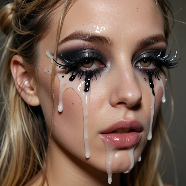 realistic picture of face from beautiful blond woman with long hair and messy bun, heavily smeared eye makeup, dramatic glossy black mascara tears running down long cheeks, thick semi-transparent whitish slime covering fake eyelashes, sticky creamy translucent liquid with uneven milky white tones and glossy wet reflections, viscous goo stretching into long strands between upper and lower lashes, heavily clumped fake lashes partially peeling off, individual lash clusters stuck together with wet adhesive texture, black mascara pigment floating inside the slime, visible dark color particles suspended in the glossy fluid, liquid mascara mixing with transparent creamy goo, reflective wet streaks flowing down the skin like black tears, smudged eyeliner and ruined makeup, hyperrealistic skin texture, cinematic lighting, ultra detailed, shiny wet surfaces, organic fluid dynamics, dripping sticky strands, messy beauty aesthetic, dark glamour, realistic reflective moisture, layered translucent slime, glossy black and white contrast, highly detailed cosmetic texture, photorealistic, fashion editorial horror aesthetic

realistic amateur photography authentic candid photo aesthetic, photographed with a real 1990s consumer camera, subtle analog film grain, slightly imperfect composition and natural lighting, nostalgic 90s atmosphere, soft flash reflections on skin, realistic skin texture with visible pores and imperfections, casual pose, slightly washed colors and warm tones typical of 90s film photography, believable amateur snapshot feeling, shallow depth of field, cinematic but natural realism, unpolished authentic vibe, soft shadows, realistic facial proportions, detailed eyes and natural expression, slightly desaturated vintage color palette, subtle motion blur and lens imperfections, retro photography mood, high-quality photorealistic image, documentary-style portrait photography, realistic ambient indoor lighting, soft highlight bloom from camera flash, atmospheric and nostalgic visual style