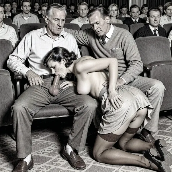 Candid 1950s theater seduction in monochrome pencil