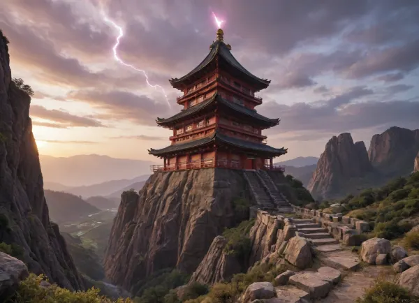 ((An unearthly reddish landscape of a fantastic planet)), . Multicolored iridescent sky, purple heavy clouds. Rocky landscape, a cliff looms over your head on the right. On the left is a huge Chinese pagoda on a cliff with steep edges and an ornate staircase leading to the pagoda from below., ((Rocky landscape)), ((pagoda is On the left)), ((a cliff looms over your head on the right)), ((The staircase winds in a thin snake along the entire steep slope)), The whole landscape emphasizes the insignificance of man before the elements., (The clouds have a deep purple color with a reddish tinge), ., ((Pink blinding lightning flashes between the clouds)), ((Pink blinding lightning flashes)), (Lightning strikes the rock), rocks, pagoda, purple, transparent ball, ((the deep abyss))