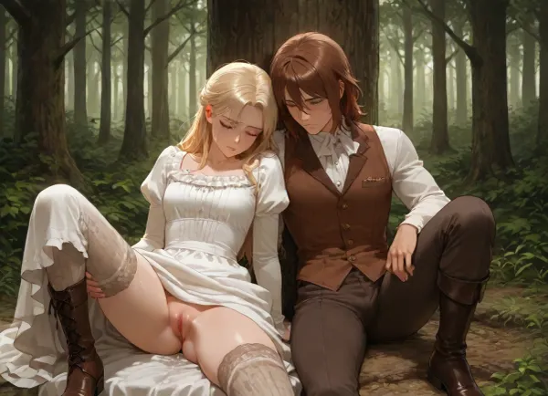 (man and woman), brown hair, blonde hair, medium breasts, flat chest, wearing, (poor vest, trousers), naked pussy, (long sleeved victorian dress:1.2), (vintage boots), knitted thighhighs, knee up, sitting in forest, leaning on tree, (leaking juices:1.3), spread legs, sad, tired, (man is touching woman's leg), <lora:thigh_highs_SDXL:.8>