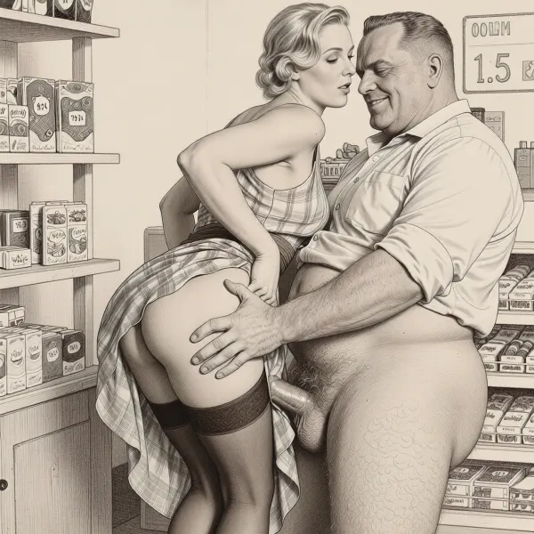 This is a detailed monochromatic pencil drawing in a classical illustrative style depicts a scene set in the 1920s in Germany, a grocery store, a beautiful sexy blonde mother with an elegant hairstyle, a frau with an hourglass figure, dressed in a 1920s summer dress, brown silk stockings, (wide hips), She's leaning low over the counter with the hem of her dress up and has sex with a an obese ugly old salesman 90yo standing behind of her and fucking her hairy vagina with a dick, a an obese old salesman is wearing shirt with the sleeves rolled up, his pants are down, his hairy legs and buttocks are visible, Old salesman smirks maliciously, (sex scene in the store:1.5), He holds Frau by the hips with his hands and vigorously moves his pelvis. The overall mood is intense, rendered in fine, expressive line work and subtle shading, evoking the style of 1950s satirical or moralistic illustrations.