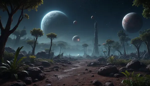 by night, alien planet, alien jungle, some planets satelite visible in sky