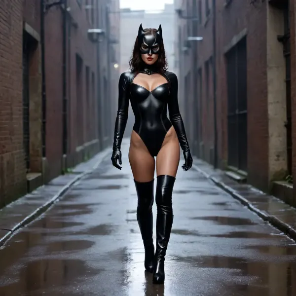 Cinematic shoot, ultra realistic, slender 28yo, super hero girl, dark hairs, wet hairs, tanned skin, tall, catwoman mask, black latex high boots, black panties, leather gloves, sqatting in dark alley, rainy weather