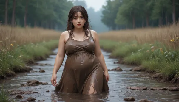 A young, overweight 18-year-old woman with a round face, standing in the mud, she is completely soaked by the rain and covered in mud, her rain-soaked hair is completely covered in mud, her face is completely covered in mud, she is wearing a golden, rain-soaked dress, which is covered in mud
