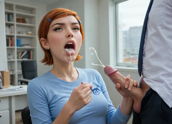 (Handjob:1.5), (cum shot:1.7), (cum in mouth:1.3), nsfw, absurdres, (head shot:1.5), (despair, tears:1.1), (open mouth:1.4), (screaming:1.4), 1girl, Asian face, (office girl costume:1.4), japanese, medium breast, busty, (chubby:.5), black hair, short cut hair, straight hair, brown eyes, standing, (in office room:1.4), from front, gwen, tennyson, (/Ben10), /, (ultra, HD, quality, details), bright, orange, hair, short, (green, eyes), <lora:Gwen Tennyson (Ben10) - XL SCXL V1.0:.8>