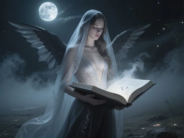 Create a porttrait of The Dark Angel, A tall, ethereal female spirit standing beneath a pale moon, her form partially transparent, soft light passing through her body and wings. She appears half‑real, half‑spirit, edges dissolving gently into thick mist. Long flowing hair drifting weightlessly, a faint inner glow beneath her skin, like moonlight trapped inside her. Her wings are translucent shadow, fading into the night air. She holds a large open book made of shadow‑light, its pages glowing faintly with runes, symbols and soft mist rising from the text. Her eyes reflect the glow of the book, faintly luminous. Her posture is calm and purposeful as she reads. The gown is made of thin, luminous fabric that becomes mist at the edges. A translucent shroud draped over her form, delicate as mist, faintly textured like fine silk or dew‑woven threads. The book beneath glows softly, its light diffusing upward through the veil, illuminating her face. The veil catches faint moonlight at its edges, revealing her silhouette but never her skin. The fabric darkens toward the hem, moon‑graphite tones. She stands with balanced, natural posture — relaxed shoulders, gentle torso twist, weight resting lightly on one leg, she appears to float, in a quiet, moonlit clearing surrounded by drifting fog, the environment subtly visible through her silhouette. Soft, spectral, serene, otherworldly.

cinematic lighting, soft diffusion, pale cool tones, moonlit glow, gentle rim‑light, atmospheric depth, delicate highlights, dreamlike realism, painterly detail, subtle motion in the mist

full‑body view, centred figure, soft focus background, faint light rays, drifting particles, calm posture, slight forward lean, wings spread softly

colour palette of moon‑grey, charcoal mist, desaturated blue‑black tones, no pure white, soft reflective highlights like moonlight on dark silk, translucent greys instead of bright whites, subtle cool undertones, luminous shadows rather than bright glow