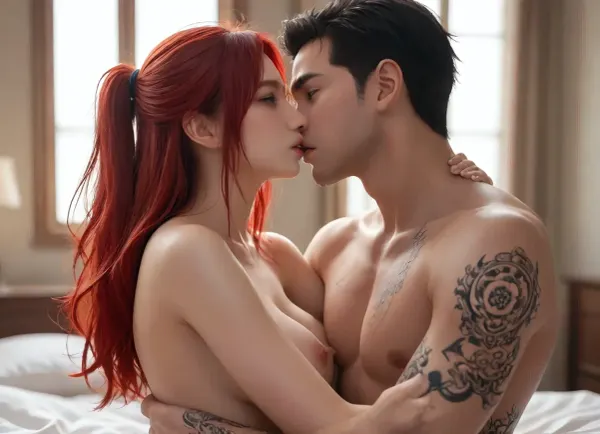 Japanese man with Yakuza tattoos and black hair, and a white red_haired woman with blue_eyes embracing passionately, their naked bodies pressed together. They share a deep, sensual kiss, his erection rubbing against her clit. The contrast between their skin and hair tones is striking and erotic. The bedroom setting is dark during the night.