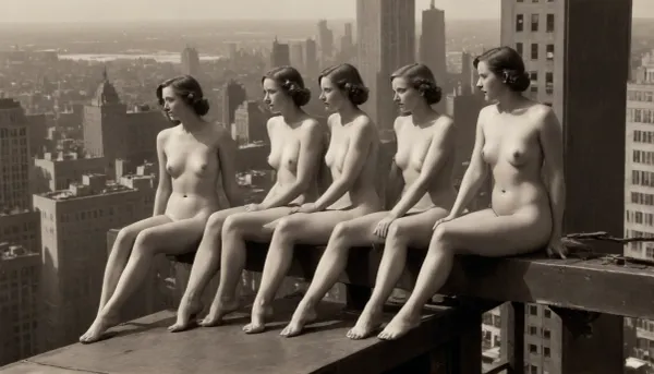 (a painting of "lunch atop a skyscraper"), of four nude ironworkers girls sitting on a steel beam of the RCA Building, 850 feet, (260 meters), above the ground during the construction of Rockefeller Center in Manhattan, inspired by 1932 black-and-white photography, chiaroscuro, style, dim, light, <lora:polyhedron_chiaroscuro-000005:.5>