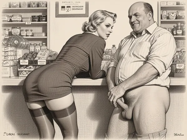 This is a detailed monochromatic pencil drawing in a classical illustrative style depicts a scene set in the 1930s in Germany, a grocery store, a beautiful sexy blonde mother with an elegant hairstyle, a frau with an hourglass figure, curvy body, dressed in a 1930s strict dress dress, brown silk stockings, (wide hips), She's leaning low over the counter with the hem of her dress up and masturbates dick of a an obese ugly old salesman 90yo standing a front of her, a an obese old salesman is wearing shirt with the sleeves rolled up, his pants are down, his hairy legs are visible, Old salesman smirks maliciously, He holds Frau by the bottom with his hands and vigorously moves his fingers. Side view, The overall mood is intense, rendered in fine, expressive line work and subtle shading, evoking the style of 1950s satirical or moralistic illustrations.