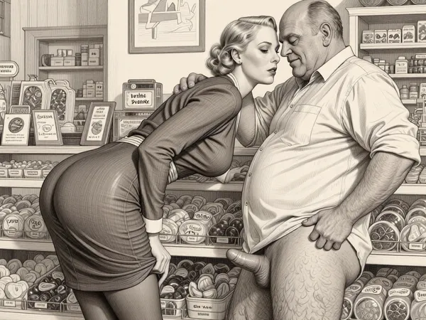 This is a detailed monochromatic pencil drawing in a classical illustrative style depicts a scene set in the 1930s in Germany, a grocery store, a beautiful sexy blonde mother with an elegant hairstyle, a frau with an hourglass figure, curvy body, dressed in a 1930s strict dress dress, brown silk stockings, (wide hips), She's leaning low over the counter with the hem of her dress up and masturbates dick of a an obese ugly old salesman 90yo standing a front of her, a an obese old salesman is wearing shirt with the sleeves rolled up, his pants are down, his hairy legs are visible, Old salesman smirks maliciously, He rough holds Frau by head with his hands . Side view, The overall mood is intense, rendered in fine, expressive line work and subtle shading, evoking the style of 1950s satirical or moralistic illustrations.