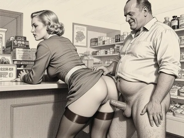 This is a detailed monochromatic pencil drawing in a classical illustrative style depicts a scene set in the 1930s in Germany, a grocery store, a beautiful sexy blonde mother with an elegant hairstyle, a frau with an hourglass figure, curvy body, dressed in a 1930s strict dress dress, brown silk stockings, (wide hips), She's leaning low over the counter with the hem of her dress up and has sex with a an obese ugly old salesman 90yo standing behind of her and fucking her anus with a dick, a an obese old salesman is wearing shirt with the sleeves rolled up, his pants are down, his hairy legs are visible, Old salesman smirks maliciously, (anal sex scene in the store), dick going down into her asshole, (dick in anus), He holds Frau by the hips with his hands and vigorously moves his pelvis. Side view, The overall mood is intense, rendered in fine, expressive line work and subtle shading, evoking the style of 1950s satirical or moralistic illustrations.
