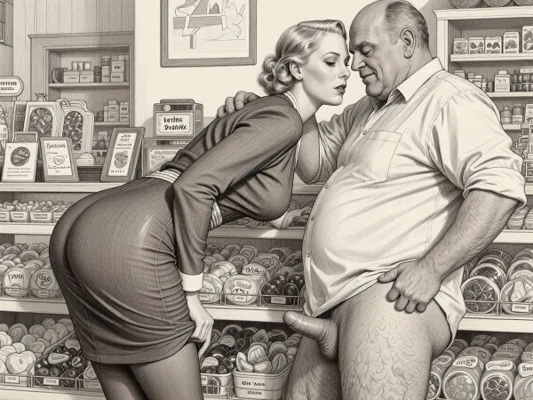 This is a detailed monochromatic pencil drawing in a classical illustrative style depicts a scene set in the 1930s in Germany, a grocery store, a beautiful sexy blonde mother with an elegant hairstyle, a frau with an hourglass figure, curvy body, dressed in a 1930s strict dress dress, brown silk stockings, (wide hips), She's leaning low over the counter with the hem of her dress up and masturbates dick of a an obese ugly old salesman 90yo standing a front of her, a an obese old salesman is wearing shirt with the sleeves rolled up, his pants are down, his hairy legs are visible, Old salesman smirks maliciously, He rough holds Frau by head with his hands . Side view, The overall mood is intense, rendered in fine, expressive line work and subtle shading, evoking the style of 1950s satirical or moralistic illustrations.