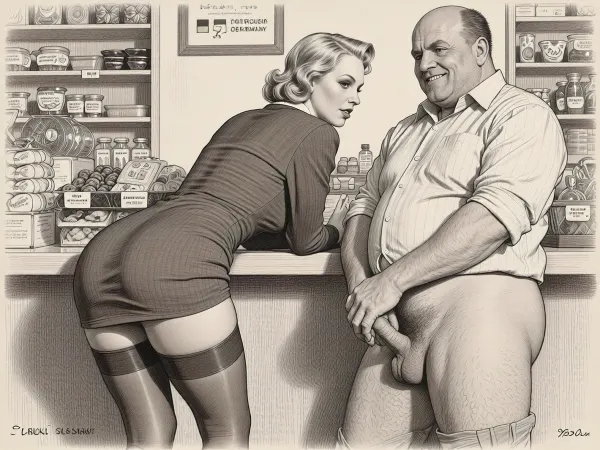 This is a detailed monochromatic pencil drawing in a classical illustrative style depicts a scene set in the 1930s in Germany, a grocery store, a beautiful sexy blonde mother with an elegant hairstyle, a frau with an hourglass figure, curvy body, dressed in a 1930s strict dress dress, brown silk stockings, (wide hips), She's leaning low over the counter with the hem of her dress up and masturbates dick of a an obese ugly old salesman 90yo standing a front of her, a an obese old salesman is wearing shirt with the sleeves rolled up, his pants are down, his hairy legs are visible, Old salesman smirks maliciously, He holds Frau by the bottom with his hands and vigorously moves his fingers. Side view, The overall mood is intense, rendered in fine, expressive line work and subtle shading, evoking the style of 1950s satirical or moralistic illustrations.