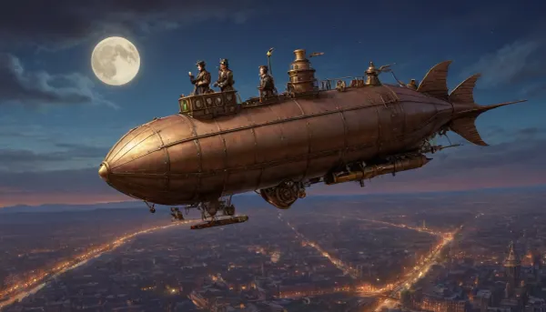 (steampunk entourage:1.7), a scene from a hand-drawn anime, (Masterpiece, best quality, high definition, ultra-detailed, highly detailed background), steampunk-style airship flying over the city in Victorian era style, evening, night, a moon in the sky, (view from long distance, view from afar:1.5), (bird's-eye view:1.6)