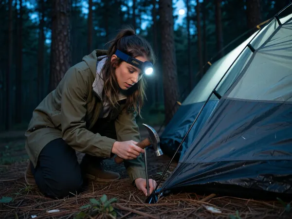 A young female traveler is setting up a tent at night in a dense pine forest, with a headlamp on, illuminating her immediate surroundings. She is setting up a modern dome tent. She is kneeling on the ground and driving a metal stake into the hard forest soil with a small hammer. A focused expression on her face, her hair slightly tousled. Cinematic lighting, high resolution, photorealism, depth of field, ultra-detailed rendering