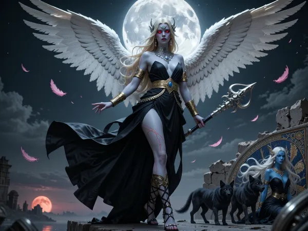 A divine angelic female figure with pale blue skin and long flowing blonde hair adorned with intricate silver jewelry and red glowing eyes. She wears a flowing, black Grecian-style gown with a golden belt and golden armbands. Her left hand is outstretched, glowing faintly, while her right hand holds a detailed silver mace. She possesses large, feathered white wings spread wide. She wears tall, strappy black sandals. Subtle red veins run along her arms and legs and from the corners of her eyes.

A night sky, dominated by a massive, detailed full moon. Several delicate pink feathers are depicted drifting in the air around her. In the lower right of the image, a crumbled wall can be seen with a grecco-roman style mosaic. The mosaic on the wall depicts a young woman with long flowing black and white hair, luminous white eyes, and ocean blue skin. She is wearing a dark gown, leading three wolves. A smaller, red moon is just beginning to rise in the lower left.

High-fantasy digital photography. The photorealistic style evokes epic fantasy with elements of classical sculpture and divine imagery. The color palette is dominated by the shimmering black of the gown, contrasted with the cool blue of the skin and the pristine white of the wings, against a muted, atmospheric background.

Soft, diffused light emanates from above and slightly to the front, highlighting the subject's features and the textures of her wings and gown. Subtle rim lighting defines her form against the darker background. The light catches the metallic elements of her accessories and the feathers, creating a luminous, otherworldly glow.

A dramatic, slightly low-angle shot that emphasizes the grandeur of the angelic figure. The subject is centrally framed, with her expansive wings filling a significant portion of the upper frame. The composition uses leading lines from the flowing fabric and the angle of the wings to draw the viewer's eye towards her. The depth of field is shallow, with the foreground subject in sharp focus and the background elements softly blurred.