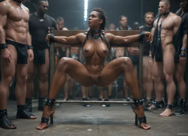 Dessert, club audience, (Male clothed onlookers:1.4), tall Photographer, pillory, african supermodel, dark black skin, standing stretched, small face, tiny, athletic, Punk hair Style, Wet Body, six-pack abs, Side View, (collar with extreme long metal spikes around her neck:1.6), (Electricity torture cable:1.6), wrists tied above her head, shibari, orgasm face, fear, pain, eyes closed, extreme dripping Pussy, Naked, perfect breasts, extreme big nipples, Cuffs on Ankles and, (ankles fixed with cuffs:1.7), a bar between her tights holding her spread, Bloody welts on her skin from whips, (whip marks on body:1.3), (legs spread extremly:1.8), Chains are wrapped around her knees, fixed with chains, (knees spread with ultra Long Spreader bar:1.9), sitting spread over a Long table, middle of the Long table, extreme Long legs, (dripping Pussy:1.4), in, Stocks, Pose, Cuffs on Ankles and Wrists, breastclamp, <lora:style_lora_realis:1.8>, <lora:BondageXcrossV1--In Stocks Pose:1.2>, <lora:breastclamp_SDXL_reg0_03s:1.2>